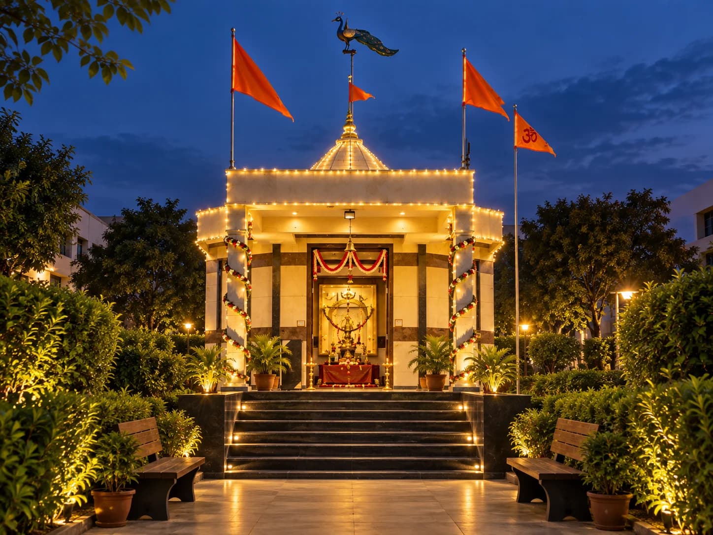 Campus temple at V.N. Patel Medical Campus, illuminated at night